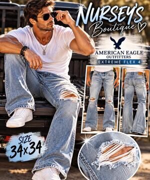 American Eagle Extreme Flex 4 Jeans Mens 34x34 Distressed Flare Light Wash